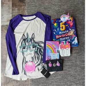 Unicorn Lovers Bundle. New Shirt. Earrings, Pouch and more!  Size 14/16.